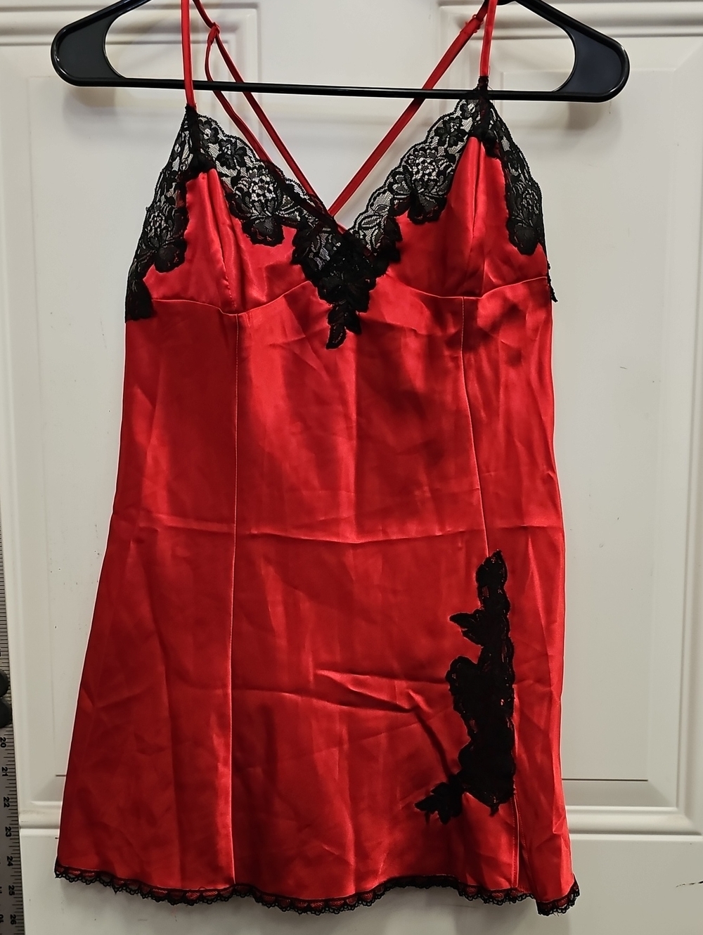 Frederick's of Hollywood Red Satin Chemise with Black Lace